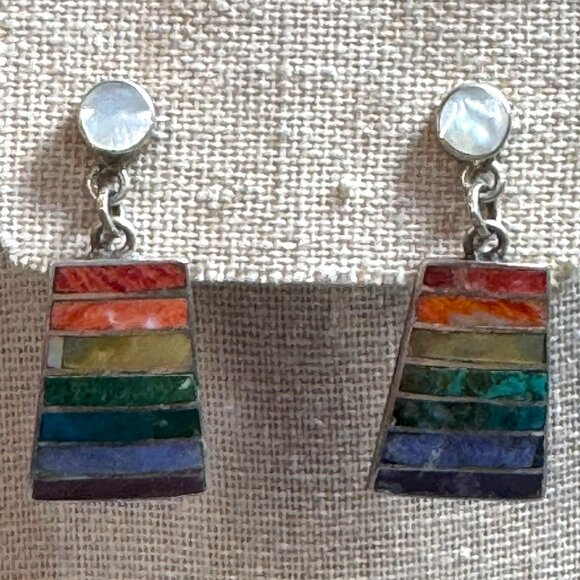 Peru Peruvian Flag Rainbow Gemstone Inlay Sterling Silver 950 Drop Earrings VTG - Picture 1 of 7